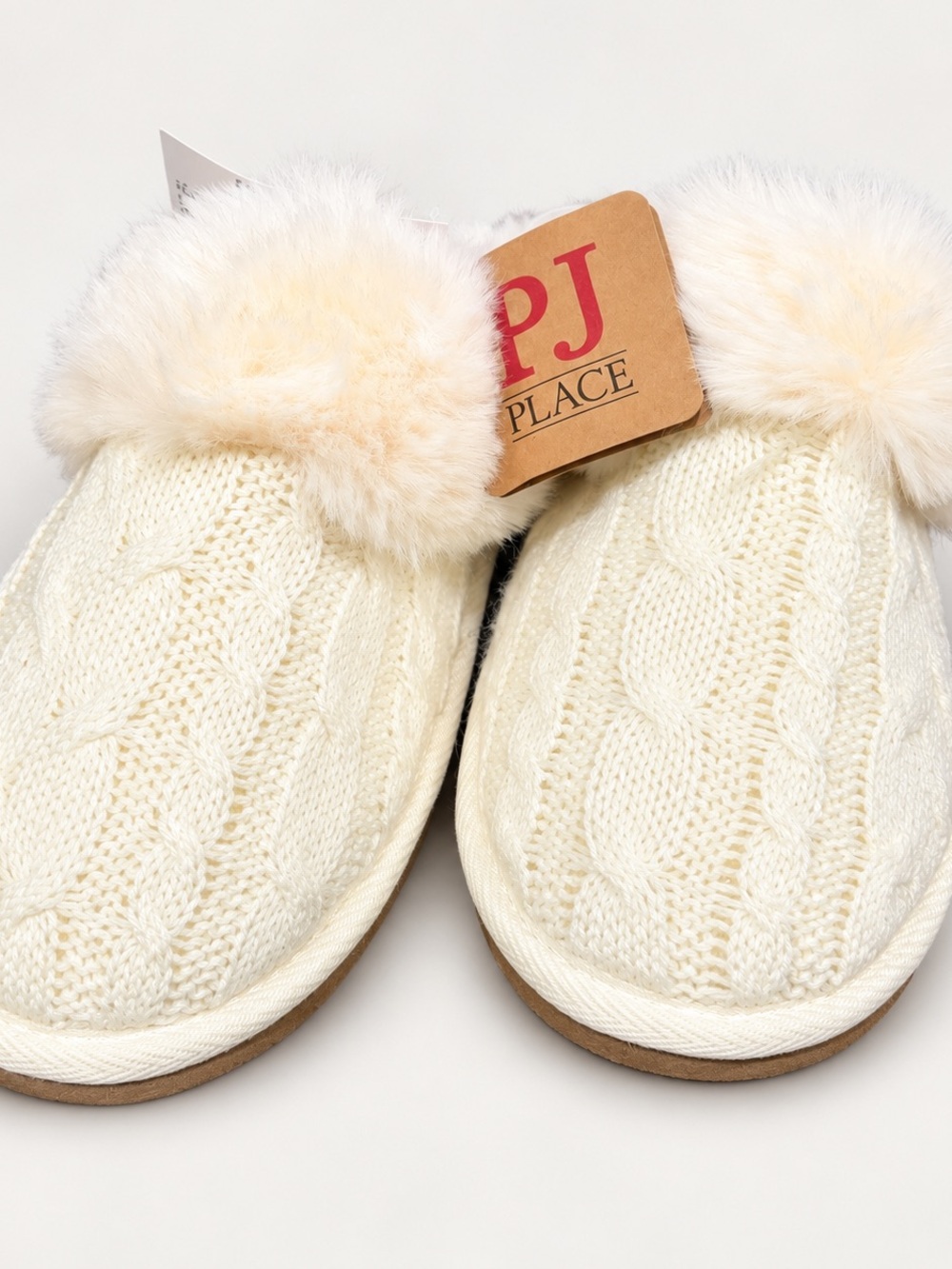 PJ Place Women's Cream Cable-Knit Pom-Trim Slippers